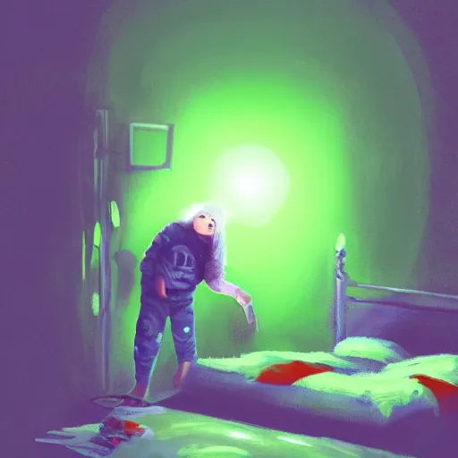 Prompt: painting of small green glowing orb is floating in front of a fourteen year old boy with auburn hair, wearing pajama, standing in a dark bedroom room, profile view, a look of surprise on his face, concept art, un made bed, piles of clothes on the floor, high detail dramatic lighting, samma van klaarbergen,