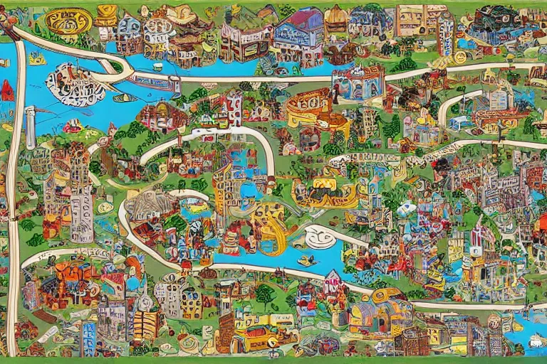 Image similar to an elaborate kids city map carpet rug, detailed, made of penned illustrations, by wes anderson and geoff darrow!!!!!