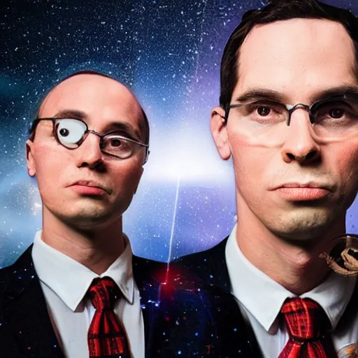 Image similar to double exposure portrait split in the middle, showcasing one astronaut and one chimpanzee in a suit posing with space in the background, pencil art, stars, sharpness, golden ratio