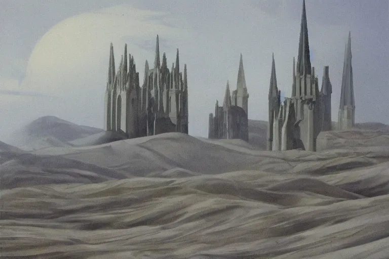 Image similar to landscape hills made of liquid melted wax paper and white brutalist desert gothic cathedral painted by paul gustav fischer