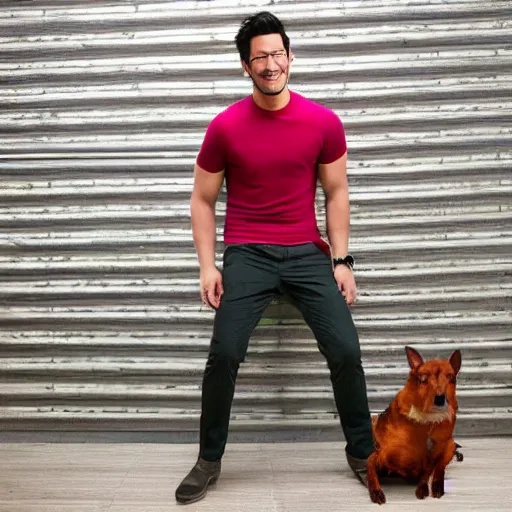 Image similar to a high quality photo of handsome markiplier, gigachad