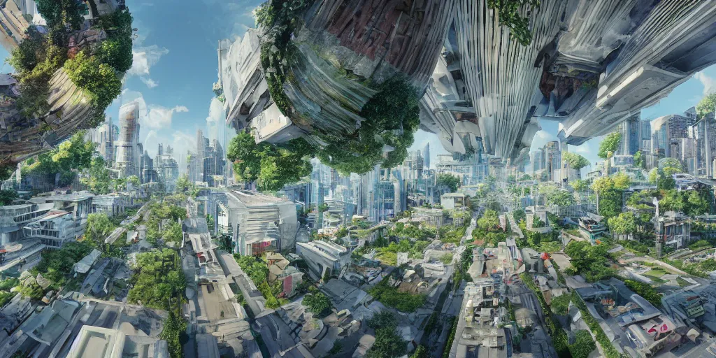 Image similar to Bustling photorealistic!!! utopian city reimagined by Max Hay, fisheye lens!!!, worms-eye view photography, trending on artstation, 4k, 8k, lens distortion, chromatic aberration, soft focus blur, photorealistic imagery, photorealistic details, intricate, highly detailed, artstation 3d, artstation render, artstation 3d render, 3d art, unreal engine 3d, octane 3d, blender 3d, 3d landscape