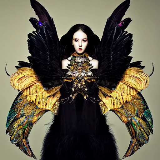 Image similar to a hyperrealistic portrait of a fierce proud queen of ravens, in a black dress with a collar made of iridescent feathers and golden adornments, geometrical background, intricate details, by zhang jingna and soey milk and amir ershadi and anja millen