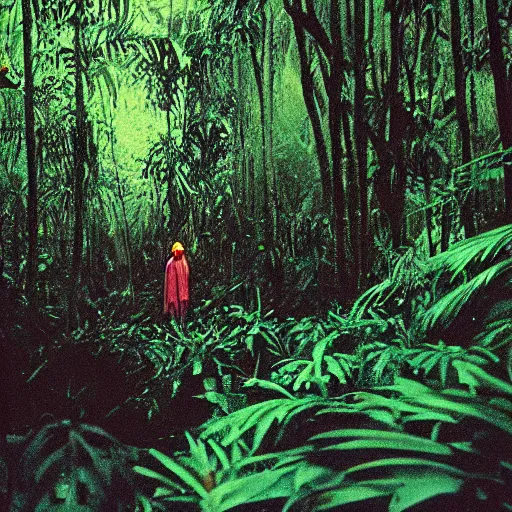 Prompt: moody and dark, 35mm film still, wide shot, jedi exploring a rainy tropical forest with vibrant colors, by Alex grey