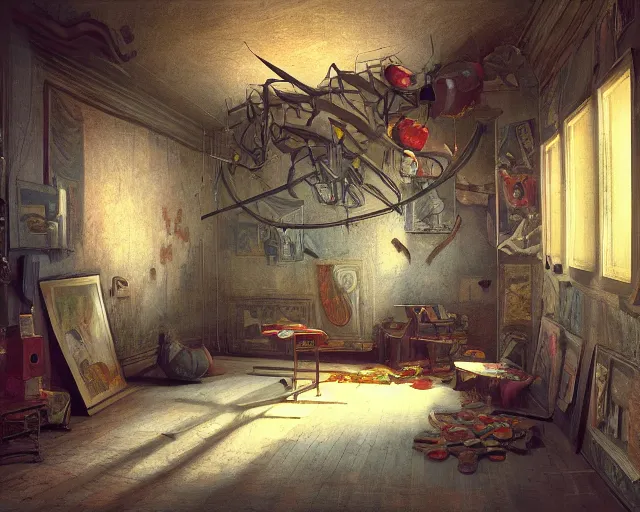 Image similar to a painting of a confusing maximalistic room, an airbrush painting by breyten breytenbach, striking lighting, cgsociety!, neo - primitivism