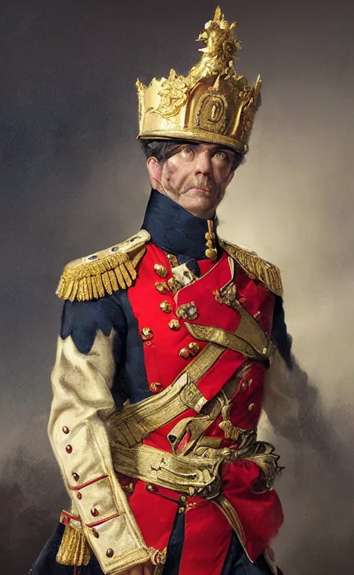 Prompt: Portrait of a middle aged 19th century man wearing a ceremonial uniform and a crown, male, detailed face, napoleonic, highly detailed, cinematic lighting, digital art painting by greg rutkowski