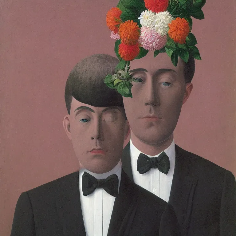 Image similar to portrait of man in a suit, his head is flowers, by rene magritte, detailed painting, hd, hq, high resolution, high detail, 4 k, 8 k