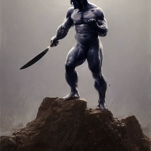 Image similar to artstation concept a midnight blue hulk jolding a meat cleaver, dusty, hyperdetailed, artstation trending, world renowned artists, worth 1 0 0 0. com, historic artworks society, antique renewel, cgsociety, by greg rutkowski, by gustave dore, deviantart