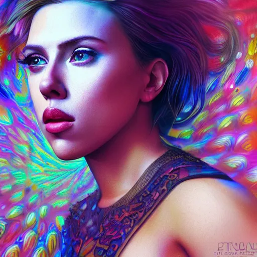 Image similar to An extremely psychedelic portrait of Scarlett Johansson, surreal, LSD, face, detailed, intricate, elegant, lithe, highly detailed, digital painting, artstation, concept art, smooth, sharp focus, illustration