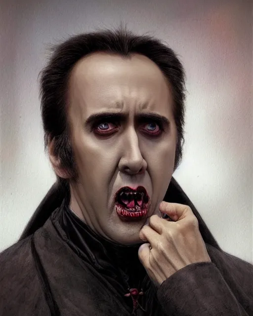 Image similar to nicolas cage as dracula, fangs, highly detailed, centered, artstation, concept art, smooth, sharp focus, illustration, bokeh art by artgerm and donato giancola and joseph christian leyendecker zdzisław beksinski