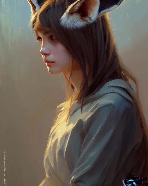 Image similar to a potrait of a girl with fox ears, fine details. night setting. realistic shaded lighting poster by craig mullism, artgerm, jeremy lipkin and michael garmash, unreal engine, radiant light, detailed and intricate environment, digital art, trending on art station