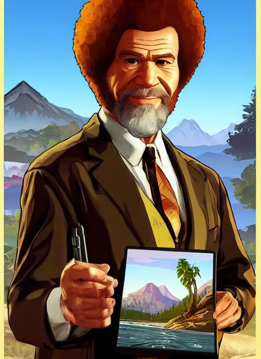 Image similar to bob ross in gta v, cover art by stephen bliss, artstation