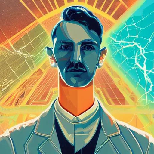 Prompt: glorious futuristic visionary inventor nikola tesla profile picture by sachin teng, c 2 1 5 and artgerm, masterpiece, organic painting, matte painting, technical geometrical drawing shapes, lightning electricity coil, hard edges, graffiti, street art by sachin teng and c 2 1 5