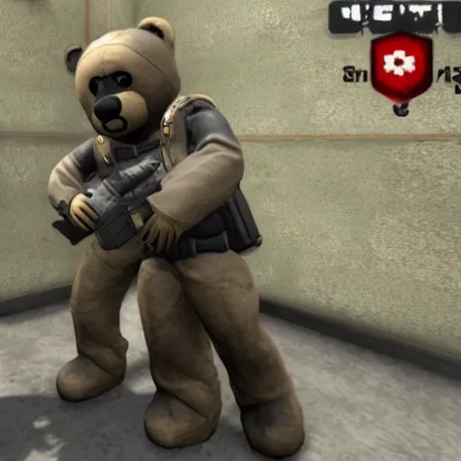 Prompt: a screenshot of a teddy bear inside a counter strike game, the teddy bear is holding a gun, the teddy bear is shooting another teddy bear