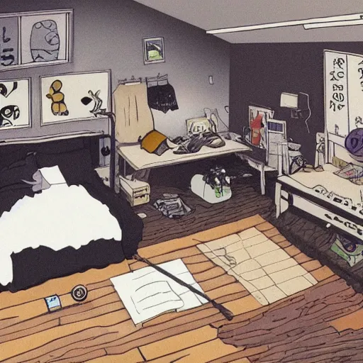 Image similar to a teenage boy's dark and slightly messy bedroom, super detail, studio ghibli