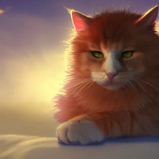 Prompt: colossal fluffy cat, golden hour, fantasy, vivid colors, sharp focus, digital art, hyper - realistic, 4 k, unreal engine, highly detailed, hd, dramatic lighting by brom, trending on artstation