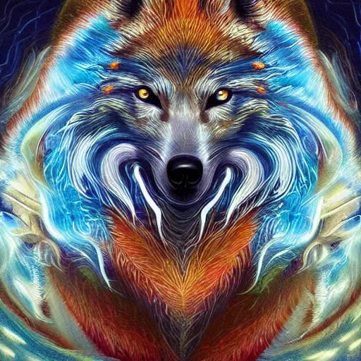 Image similar to spirit wolf made of electricity thunder storm by GEOGLYPHIKS by FABIÁN JIMÉNEZ by MICHAEL DIVINE by AMANDA SAGE in the style of oil painting visionary art, intricate oil painting artwork. , trending on artstation, very coherent symmetrical artwork, oil painting