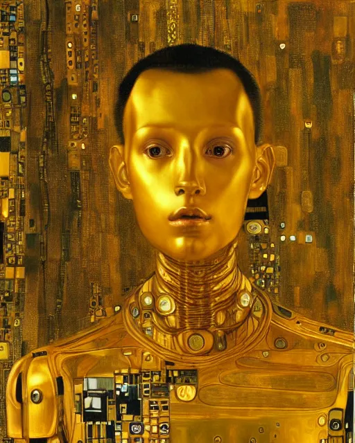 Image similar to Golden Portrait of a Robot from iRobot by Gustav Klimt, cyberpunk noir, baroque elements, intricate artwork by caravaggio, aesthetic, intricate, highly detailed, masterpiece