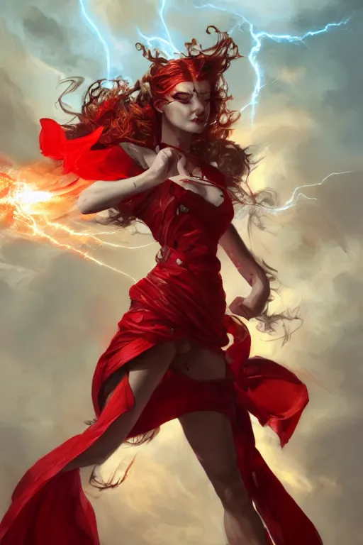 Image similar to beautiful girl warrior in red dress, casting magic spell holding electricity, angel, magic storm and thunder clouds, fantasy, magic the gathering, hyper detailed, 3 d render, hyper realistic detailed portrait, peter mohrbacher, wlop, ruan jia