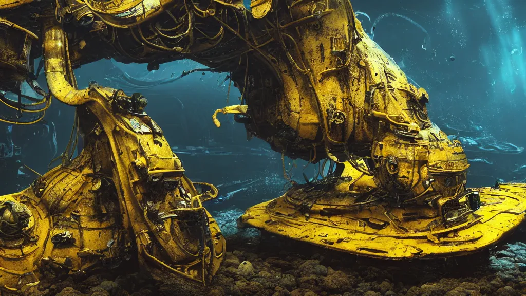 Image similar to a photorealistic dramatic hyperrealistic underwater render of an deep sea habitat, ultra realistic details, glossy yellow, well worn, rust, oil stains designed by vitaly bulgarov and mike nash, beautiful dramatic dark moody tones and lighting, cinematic atmosphere, global illumination, shadows, dark background, octane render, 8 k