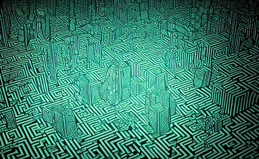 Image similar to interior of an elaborate labyrinth of runic cubes, ancient overgrown, dark teal, endless maze - like runes, sharp high detail, masterpiece by satoshi kon, crystal cubism, greeble, tesseract, darksynth, high definition