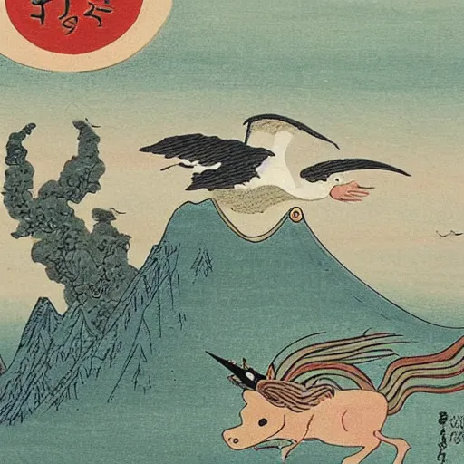 Prompt: bird riding a unicorn in the rocky mountains, japanese animals style