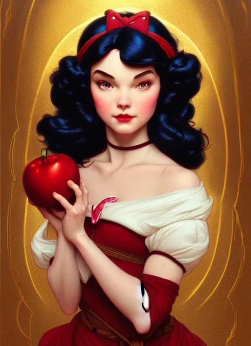 Image similar to portrait of disney snow white, intricate, elegant, highly detailed, my rendition, digital painting, artstation, concept art, smooth, sharp focus, illustration, art by artgerm and greg rutkowski and alphonse mucha and uang guangjian and gil elvgren and sachin teng, symmetry!!