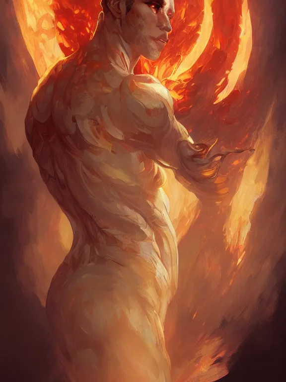 Image similar to humanoid fire elemental, male, fantasy, highly detailed, digital painting, artstation, concept art, smooth, elegant, sharp focus, illustration, art by artgerm and greg rutkowski and alphonse mucha