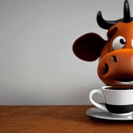 Image similar to cute cow drinking a cup of coffee, 3d render by Pixar