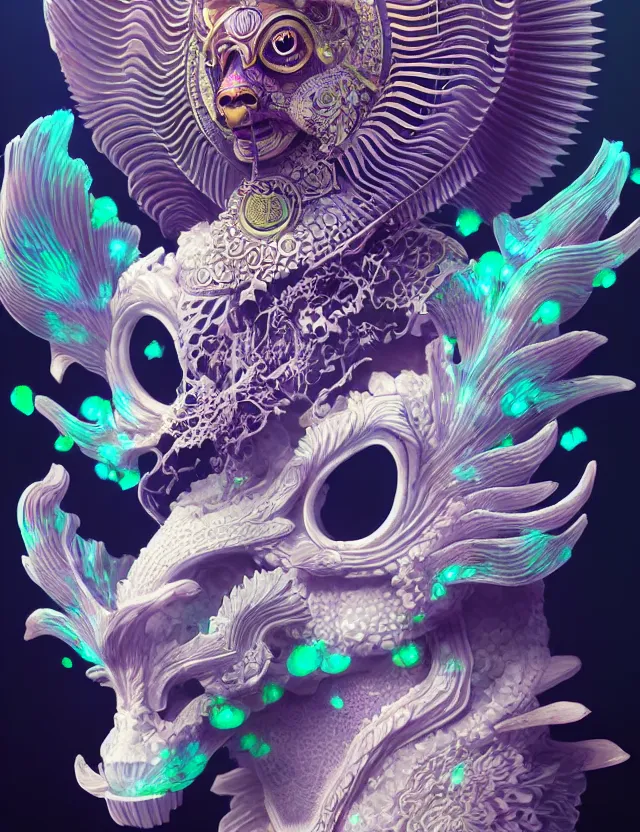 Image similar to 3 d goddess close - up profile solarpunk portrait ram skull. beautiful intricately detailed japanese crow kitsune mask and clasical japanese kimono. betta fish, jellyfish phoenix, bio luminescent, plasma, ice, water, wind, creature, artwork by tooth wu and wlop and beeple and greg rutkowski