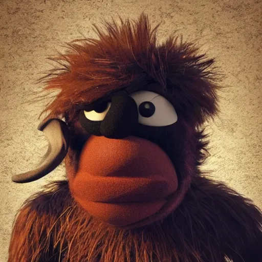 Image similar to a still of a forgotten muppet character looking very manly and modern, hilarious, laughing, hairy chest, huge chin, manly monster tough guy, roughled fur, photo real, photographic, photograph, artstation, trending, featured