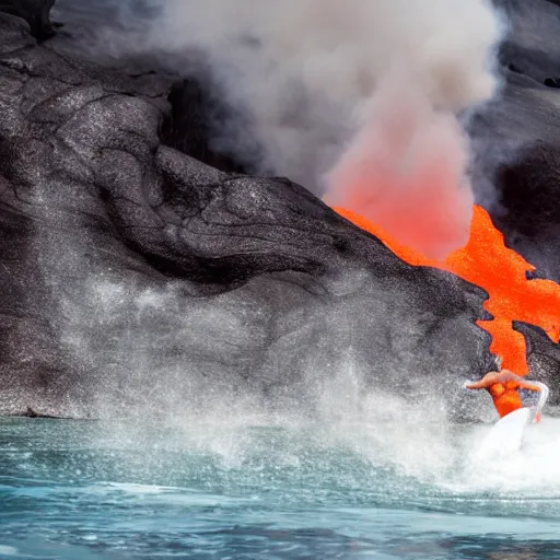 Image similar to man in a swimsuit surfing on flowing lava in a volcano with magma eruptions, steam and smoke from smoldering rocks