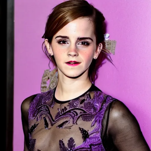 Image similar to Emma Watson with glowing purple eyes