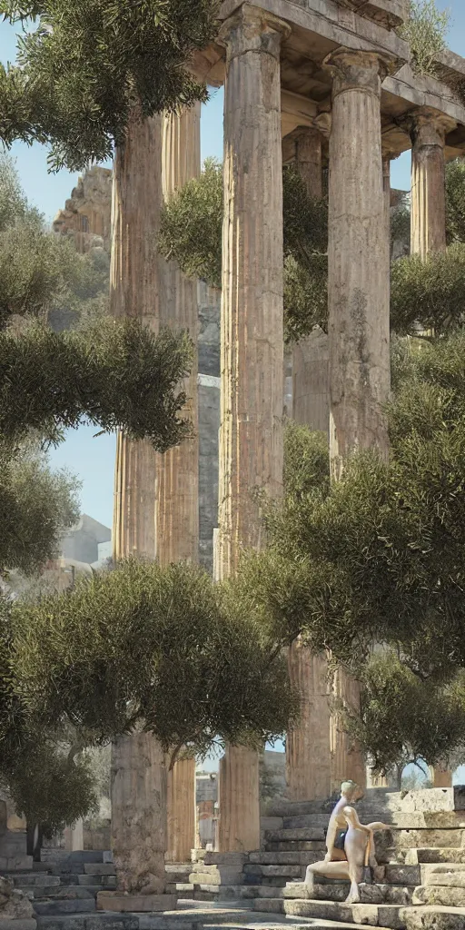 Image similar to ancient greek city, sunny day, olive trees, houses and temples, marble columns, by ilya kuvshinov, rtx rendering, octane render 1 2 8 k, maya, extreme high intricate details by tom bagshaw, medium shot, composition by sana takeda, lighting by greg rutkowski