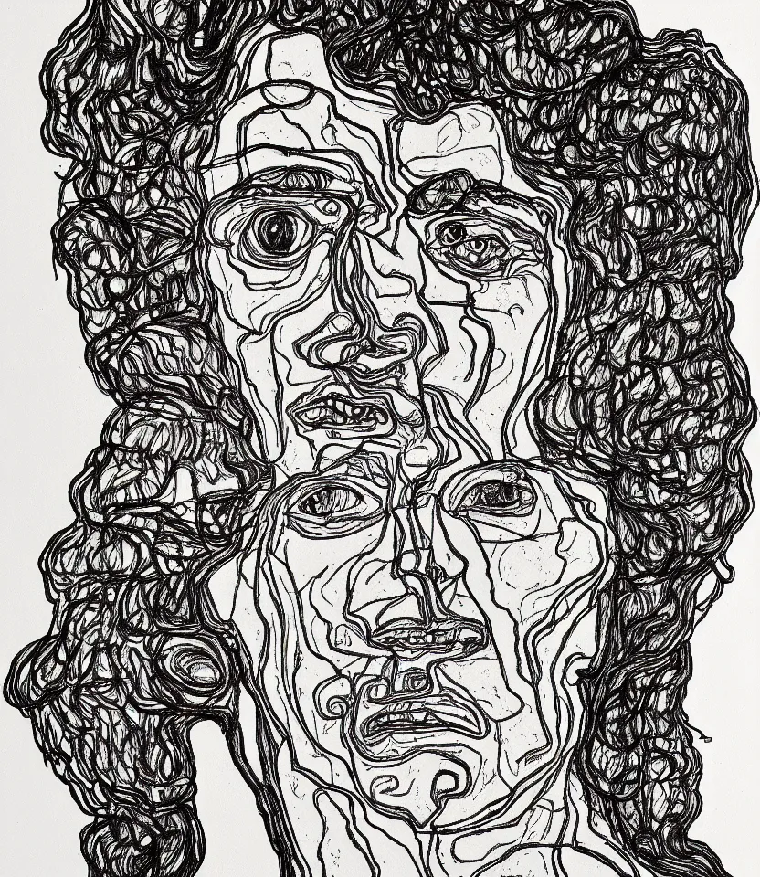 Image similar to detailed line art portrait of crazy horse, inspired by egon schiele. caricatural, minimalist, bold contour lines, musicality, soft twirls curls and curves, confident personality, raw emotion