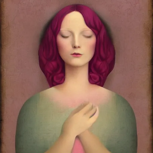 Prompt: by christian schloe hollywood cerise, pastel yellow. a digital art beauty & mystery of the woman sitting before us. enigmatic smile & gaze invite us into her world, & we cannot help but be drawn in. soft features & delicate way she is dressed make her almost ethereal. landscape distance & mystery. what secrets this woman holds.