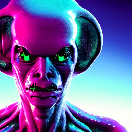 Image similar to synthwave chromatic alien face, detailed, 4k