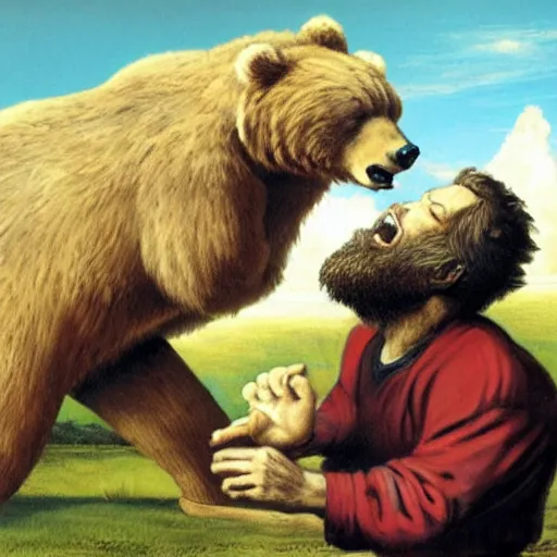 Prompt: yahweh wrestling an enormous bear