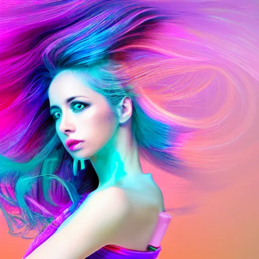 Image similar to a award winning half body portrait of a beautiful woman in a croptop with a ombre purple pink teal hairstyle with head in motion and hair flying, outrun, vaporware, vivid colors, highly detailed, fine detail, intricate