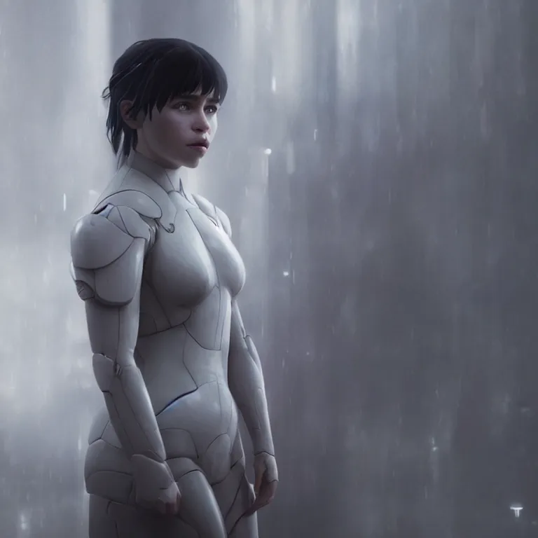 Image similar to photo of emilia clarke in the similitude of ghost in the shell, photorealism, render, unrealengine, realism, sony a 7 r