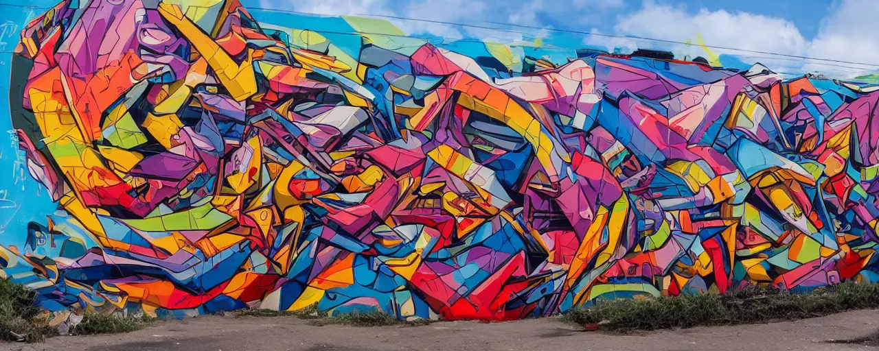 Prompt: a mural by loomit in street art style, graffiti painting, hyperdetailed, colorful, 3 d, perspective, dynamic, plastic, complex, intricate