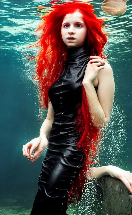 Image similar to portrait of a girl with long red hair in a black dress, under water, very beautiful style, girl wrapped in leather salwar bag black, photorealism jared french, george tucker