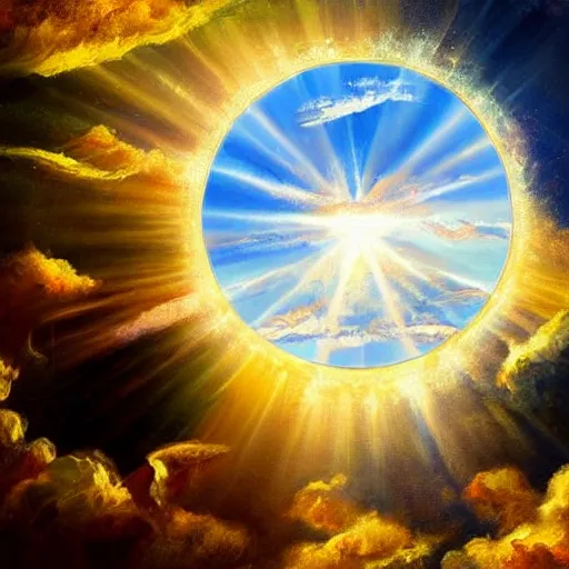 Prompt: expressive oil painting of god looking for a heaven sky, with a giant gold circle behind, ultra realistic, cinematic light, extreme detail, matte painting