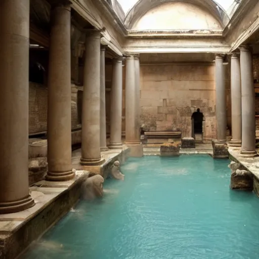 Prompt: Scene from Roman baths, misty, steamy