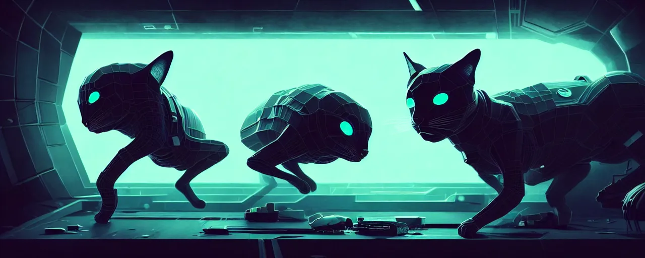 Prompt: duotone noir scifi concept dynamic illustration of 3 d mesh of alien cat inside box floating zero gravity glowing 3 d mesh portals futuristic, glowing eyes, octane render, surreal atmosphere, volumetric lighting. accidental renaissance. by sachin teng and sergey kolesov and ruan jia and heng z. graffiti art, scifi, fantasy, hyper detailed. trending on artstation