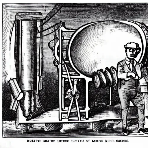 Prompt: industrialist working on a giant steam engine, cartoon