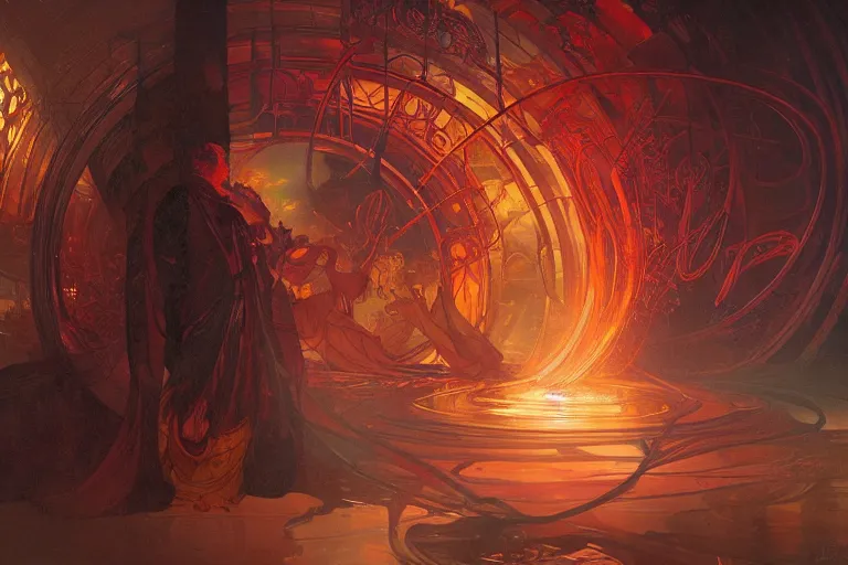 Prompt: arcs of flame intertwined with arcs of water, shards of mercury, dramatic lighting, cyberpunk neon, secret cypher, red flowers, solar flares, intricate art by alphonse mucha and greg rutkowski