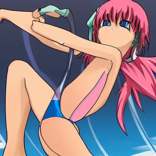 Prompt: beautiful anime girl in a bikini bending over to grab her dropped cell phone