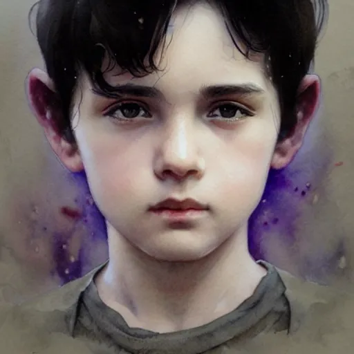 Image similar to young boy, black hair, purple eyes, gorgeous, amazing, delicate, elegant, intricate, highly detailed, watercolor, portrait, artstation, concept art, sharp focus, illustration, art by artherm and greg rutkowski and alphonse mucha