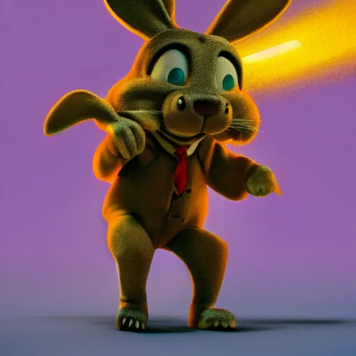 Image similar to A extremely highly detailed majestic hi-res beautiful, highly detailed portrait of a scary terrifying creepy cartoon rabbit standing up wearing pants and a shirt in the style of 1960's Walt Disney animation, dramatic lightning, rim light, hyperrealistic, photorealistic, octante render, elegant, cinematic, high textures, hyper sharp, 8k, insanely detailed and intricate, graphic design, cinematic atmosphere, hypermaximalist, hyper realistic, super detailed, 4k HDR hyper realistic